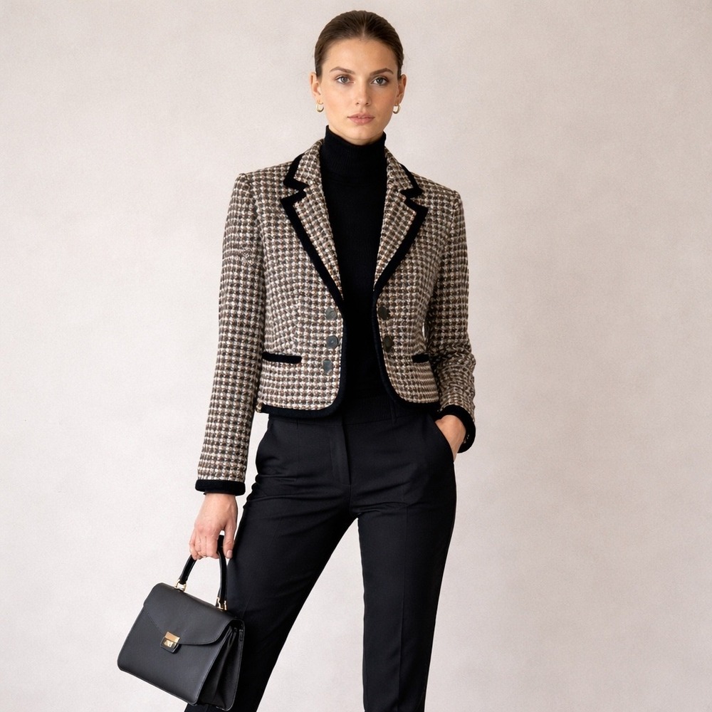 New Brooks Brothers Tweet Houndstooth Crop Blazer Wom 6 brown black Velvet Trim
